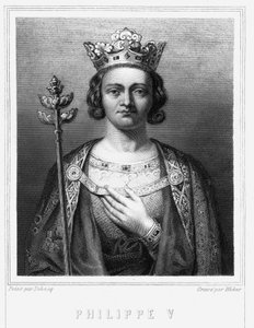 Ranskan kuninkaan Philippe V le Longin (1294 - 1322) muotokuva - Lavalléen "" Histoire des Français" -kirjassa, kaiverrus, sd. tekijältä Unknown artist
