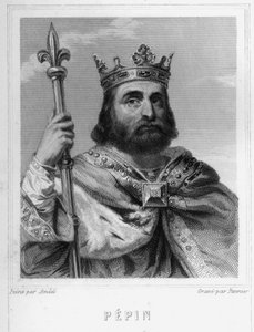 Muotokuva Pépin le Briefistä (s. 714 - 768), frangien kuninkaan, ensimmäisen Karolingien joukossa - Lavalléen "Histoire des Français" -kirjassa, kaiverrus, sd. tekijältä Unknown artist