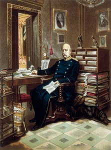 Kanslerin ja preussilaisen poliitikon prinssi Otto von Bismarckin (1815-1898) muotokuva toimistossaan. Värillinen litografia tekijältä Unknown artist