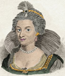 Muotokuva Tanskan kuningatar Annesta Englannin kuningatar (1574-1619), Englannin kuninkaan James I:n (1566-1625) vaimo. Kaiverrus 1800-luvulta tekijältä Unknown artist