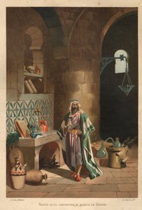 Muotokuva Rhasista (Rhazes, Razi, Al-Razi, Razis tai Rases) (840-923) persialainen tiedemies) laboratoriossaan Bagdadissa. Barcelona 1881 tekijältä Unknown artist