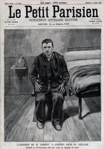 Muotokuva Sante Caseriosta (1873-1894), italialainen anarkisti, Sadi Carnotin salamurhaaja vankilassa. Kaiverrus kirjassa "" Le Parisien"" tekijältä Unknown artist