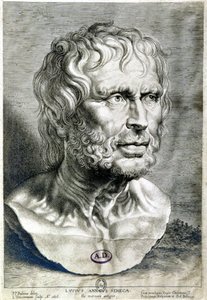 Muotokuva Senequestä (Lucius Annaeus Seneca, 4 eKr.-65 jKr.), stoilaisen koulukunnan filosofista, näytelmäkirjailijasta ja roomalaisesta valtiomiehestä - Kaiverrus 1638 - Coll Maciet, Koristetaiteen kirjasto, Pariisi tekijältä Unknown artist