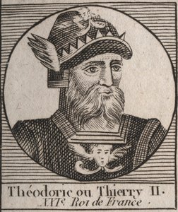 Thierry II:n (587-613) muotokuva Austraasian ja Burgundin frangien kuninkaan 595-613 - THIERRY II (Theuderic tai Theuderich, Theoderic tai Theodoric II) Burgundin ja Austraasian kuninkaan muotokuva - kaiverrus aiheesta "Instruction sur l