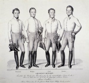 Muotokuva Kinsky-perheen prinsseistä Böömistä: Christian, Franz, Carl ja Anton ( Litografia tekijältä Unknown artist