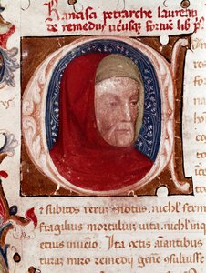 Italialaisen runoilijan Francesco Petrarcan (Petrarque) muotokuva (1304-1374) Yksityiskohta. Sivu otettu Petrarchin käsikirjoituksesta "Les remedes aux deux fortunes" (De remediis Utriusque Fortunae). 1360-1366 Venetsia, Biblioteca marciana tekijältä Unknown artist