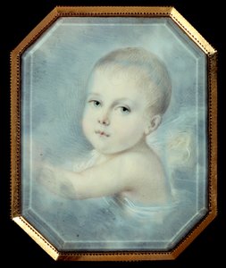 Muotokuva Rooman kuninkaan bebestä (1811-1832), keisari Napoleon I:n (1769-1821) ja tulevan Napoleon II:n pojasta. Nimetön kahdeksankulmainen medaljonki 1800-luvulta. Akvarelli lasin alla. Pariisi, Musee De La Legion d