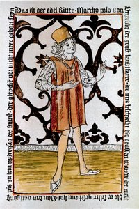 Venetsialaisen tutkimusmatkailijan Marco Polon (1254-1324) muotokuva "" Il Milione: The Book of Merveillles" ("" Devisement du monde") Nürnbergin ensimmäisen painoksen etupuoli tekijältä Unknown artist