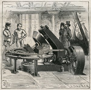 Keramiikka: Fleury-kone, jota käytetään tiilien mekaaniseen muovaukseen. Kaiverrus vuodelta 1885 kirjassa "Les arts et metiers illustres", kirjoittanut Adolphe BITARD. tekijältä Unknown artist