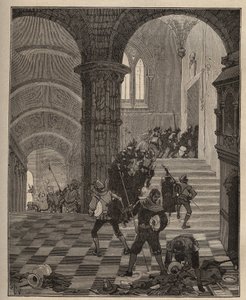 Keramiikka: "Henri II" -tehtaan tuhoutuminen Oironin linnan (Deux Sevres) ryöstön yhteydessä vuonna 1568 Liigan aikana. Kaiverrus vuodelta 1885 kirjassa "Les arts et metiers illustres", kirjoittanut Adolphe BITARD. tekijältä Unknown artist