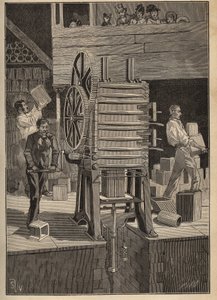 Keramiikka: onttojen osien mekaaninen muovaus. Kaiverrus vuodelta 1885 kirjassa "Les arts et metiers illustres", kirjoittanut Adolphe BITARD. tekijältä Unknown artist