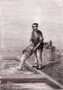 Kalkin kaataminen altaaseen, paperinvalmistus Kiinassa (3. vuosisata eaa.) (kaiverrus). tekijältä Unknown Artist