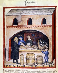 Likaisen kalan valmistus. Valaistus lääketieteen ja dietetiikan lypsystä "" Tacuinum sanitatis"" tekijältä Unknown artist