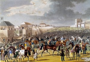 Valmistelut Epsom-kilpailuun (Epsom Oaks: englantilainen hevoskilpailu). Kaiverrus 1800-luvun yksityiskokoelmasta tekijältä Unknown artist