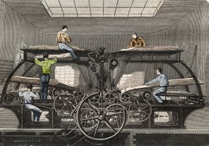 Painokone: "Le Siecle" -sanomalehden painokone Pariisissa. Kaiverrus vuodelta 1857 "" Le Musee Des Sciences "" tekijältä Unknown artist
