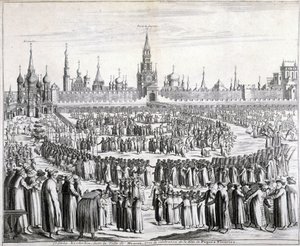 Pääsiäiskukkien kulkue Pyhän Vapahtajan portin ja Kremlin edessä Moskovassa. Kaiverrus 1800-luvulta. tekijältä Unknown artist