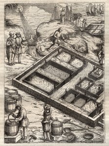 Suolan valmistus haihduttamalla merivettä suolaastioissa. Georgius Agricolan (Georg Bauer) kappaleesta "De re metallica". (Basel 1556) - Suolan tuotanto: suuriin kulhoihin kaadettu merivesi haihtuu ja jättää suolavaraston. Kaiverrus teoksesta "" De re meta tekijältä Unknown artist