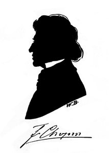 Puolalaisen säveltäjän Frederic Chopinin (1810-1849) profiilisiluetti nimikirjoituksella. 1800-luvulla tekijältä Unknown artist