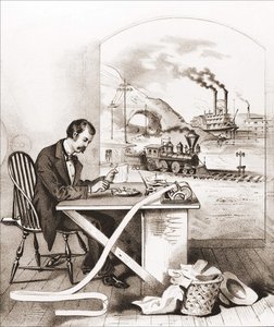 Vuosisadan edistyminen (1800-luku): Morse-lennätys, Dawn Boat, Train jne. Kaiverrus 1800-luvulta. tekijältä Unknown artist