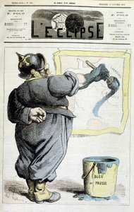 Preussilainen sotilas jäljittelemässä Alsace-Lorrainen rajoja Preussin sinialueelle (viittaus alueen liittämiseen vuoden 1870 sodassa) - "" L