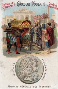 Ptolemeos I (360-283 eKr.) Soter (pelastaja) haudatti Aleksanteri Suuren. Kolikoiden yleisessä historiassa. Suklaa-varsa kromolitografia 1800-luvun lopulla. Yksityinen kokoelma. tekijältä Unknown artist