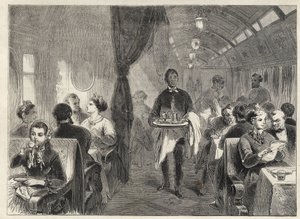 Pacific Railwaysin Pullmanin ruokavaunuvaunu vuonna 1869 - Pacific Railwayn vaunuhotellissa - tekijältä Unknown artist