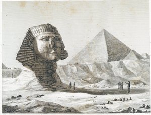 Gizan pyramidit: näkymä sfinksille ja suurelle pyramidille, otettu kaakosta - "" Kuvaus Egyptistä", Imperial Editions tekijältä Unknown artist