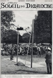 Ranskan kilpa-seura. Sheldon, Ranskan mestari, hyppää 2, 95 m hypätäkseen a la Percheen. Kaiverrus kirjassa "" Le sun-du-dimanche", 2. heinäkuuta tekijältä Unknown artist