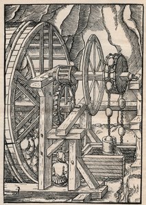 Ketjupumppu miesten juoksumatolla käyttämän kaivoksen tyhjentämiseen. Agricola (George Bauer) De re metallica, Basel tekijältä Unknown artist