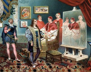 Paavi Leon X:n (leone 10) muotokuvaa työstävä Rafael (Raffaello Sanzio) ympäröi kardinaalit Jules de Medicisiä (Giulio) (paavi Klemens VII tekijältä Unknown artist