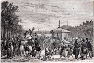 Moniteur-lehdessä julkaistujen päätösten lukeminen kuninkaanlinnan puutarhassa Pariisissa 26. heinäkuuta 1830 sisällissodan aikana - Vallankumous 1830 - tekijältä Unknown