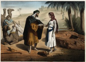 Rebecca ja Eliezer kaivolle: Damaskoksen Elieser, jonka tehtävänä on löytää vaimo Iisakille Mesopotamiassa, tuo Rebekan takaisin. Anonyymi kaiverrus 1800-luvulta. tekijältä Unknown artist