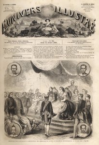 Siamilaisten lähettiläiden vastaanotto keisari Napoleon III:n ja keisarinna Eugenien toimesta Fontainebleaun palatsissa, 27. kesäkuuta 1861 - "Napoleon III:n ja keisarinna Eugenien siamilaisten lähettiläiden vastaanotto": Foon linnan Henrik II:n suuressa j tekijältä Unknown artist