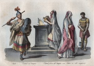 Uskonto antiikin Roomassa - Salii (hyppäävät papit) ja Vestalit tai Vestal-neitsyt - kaiverrus "" Kaikkien maailmankaikkeuden kansojen tavat ja tavat. Se on hallituksen, lakien, miliisin ja kaikkien kansojen uskonnon historiaa kaukaisimmasta tekijältä Unknown artist