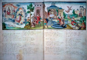 Uskonnollinen teatteri: "" Passion and Resurrection"" näytettiin Valenciennesissa vuonna 1547. Käsikirjoitussivu vesiväreillä, Paris, B.N. tekijältä Unknown artist