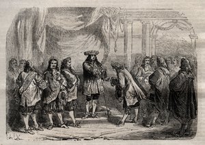 Rene Duguay Trouin (Duguay-Trouin) (Rene Trouin du Gue dit) (1673-1736) vastaanottaa Saint-Louisin ristin kuningas Ludvig XIV:n käsistä - kaiverrus sanaan "Dictionnaire populaire illustrious" - 1864 - Joseph Decembre ja Edmond Allonier - tekijältä Unknown artist