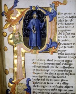 Esitys runoilija Dante Alighierin (1265 - 1321) lettriinissä, pienoismalli 1300-luvulta. tekijältä Unknown artist