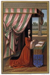 Anne de Francen, joka tunnetaan nimellä Anne de Beaujeu (1461-1522), esitys rukouksessa. Hän on Louis XI:n ja Charlotte de Savoien tytär. Kromolitografia valaistuksen jälkeen. tekijältä Unknown artist