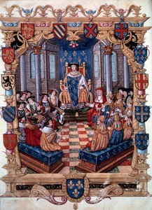 Kuningas Francois I:n (1494-1547) esitys ympäröi hänen kahtatoista ikätoveriaan. Pienoiskuvasta. 16. vuosisata. Chantilly, Conde-museo tekijältä Unknown artist