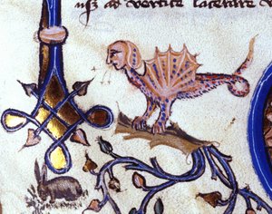 Kuvaus upeasta eläimestä mi man mi lohikäärme. Miniatyyri 1300-luvun käsikirjoituksesta tekijältä Unknown artist