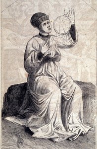 Edustus astrologista, joka käyttää astrolabiaa 1400-luvulla. Kaiverrus kirjasta "" De machinis Bellicis"" (Treat-istuinkoneet). tekijältä Unknown artist