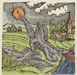 Basilikojen esitys lennon polttavilla vehnäpelloilla. Kaiverrus Conrad Lycosthenesin (1518-1561) teoksesta "Prodigiorum ac ostentorum chronicon". 1557. tekijältä Unknown artist
