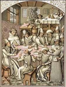 Virkamiesten edustus 1300-luvulla. kromolitografia veljeskunnan "Dio e Nostra Signora" tilikirjasta" tekijältä Unknown artist