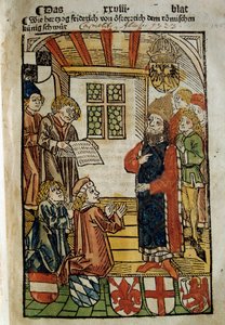 Keisari Sigismund I:n ja antipaavi Johannes XXIII:n koolle kutsuman Konstanzin kirkolliskokouksen (1414-1418) edustus. Hän teki lopun lännen suurelle skismalle. Miniatyyri vuodelta 1414. Pariisi. Puolan kirjasto tekijältä Unknown artist