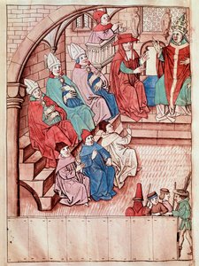 Konstanzin kirkolliskokouksen esitys vuosina 1414–1418, päällä paavi Martin V (näkymä Konstanzin kirkolliskokouksesta, n. 1417) Pienoiskuva Ulrich Richentalin (1360-1437) 1438:sta "Konstanz kirkolliskokouksen kronikat" suunnilleen Prahasta, Nati tekijältä Unknown artist