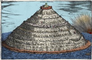 Kiirastuliesitys Dante Alighierin (1265-1321) jumalallisen komedian jälkeen: maallinen paratiisi on huipulla. Anonyymi kaiverrus 1600-luvulta tekijältä Unknown artist