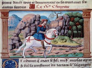 Venetsialaisen merenkulkijan Marco Polon (1254-1324) esitys hevosen selässä” Pienoiskuva otettu Marco Polon (1254-1324) "" The Book of Wonders" -kirjasta" ("" Devisement of the World", "" Il Milione") ). 1298. Paris, Arsenaalin kirjasto tekijältä Unknown artist