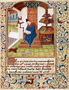 Esitys kirjailijasta, joka kirjoittaa toimistossaan Miniatyyri teoksista "Kaikkien hyveiden kukat" tai "Hyveiden ruusukirkko" (Ms 291) 1460 Musee Conde, Chantilly tekijältä Unknown artist