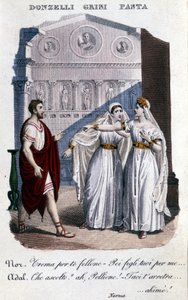 Vincenzo Bellinin (1801 - 1835) "" La Norman """ ensimmäisen esityksen tulkkien esitys: vasemmalta oikealle Domenico Donzelli (Pollione), Giuditta Grisi (Adalgisa) ja Giuditta Pasta (Norma). 1833. tekijältä Unknown artist