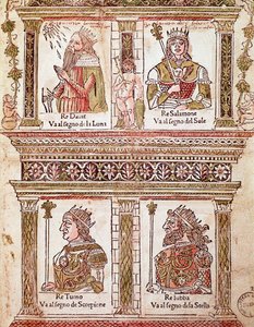 Kuninkaiden sivun esitys: kuningas Daavid, kuningas Salomo, kuningas Turno ja kuningas Lubba (kuninkaiden sivu) 1496) runoilija ja humanisti tekijältä Unknown artist